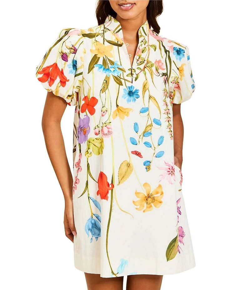 Mestiza New York Elliana Floral Garden Print Mandarin Collar Short Puff Sleeve Mini Dress