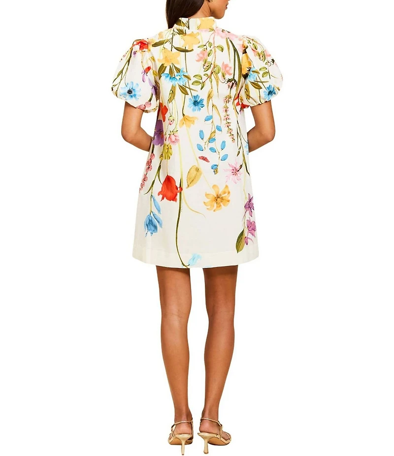 Mestiza New York Elliana Floral Garden Print Mandarin Collar Short Puff Sleeve Mini Dress