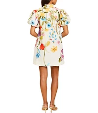 Mestiza New York Elliana Floral Garden Print Mandarin Collar Short Puff Sleeve Mini Dress