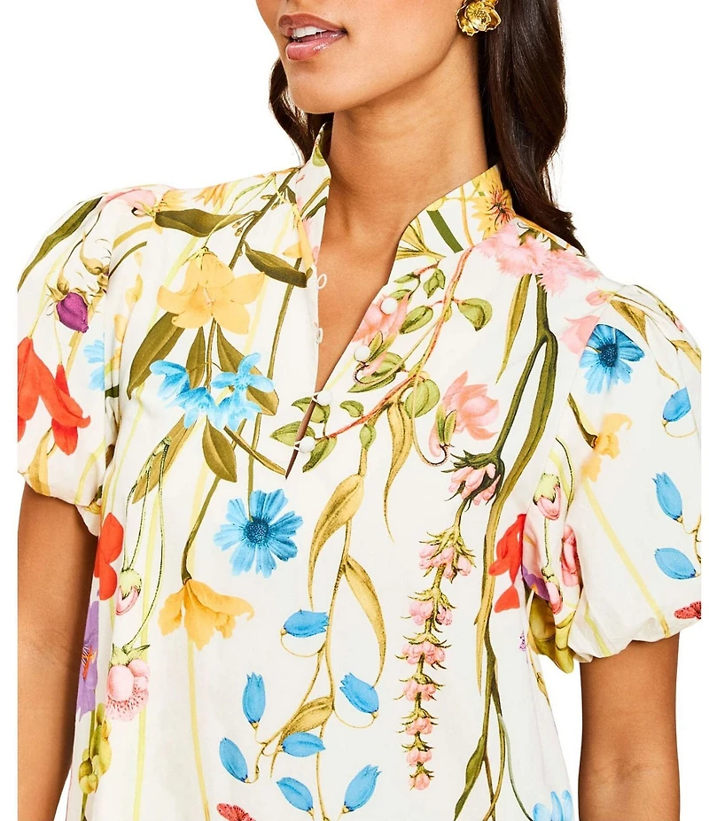 Mestiza New York Elliana Floral Garden Print Mandarin Collar Short Puff Sleeve Mini Dress