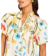 Mestiza New York Elliana Floral Garden Print Mandarin Collar Short Puff Sleeve Mini Dress