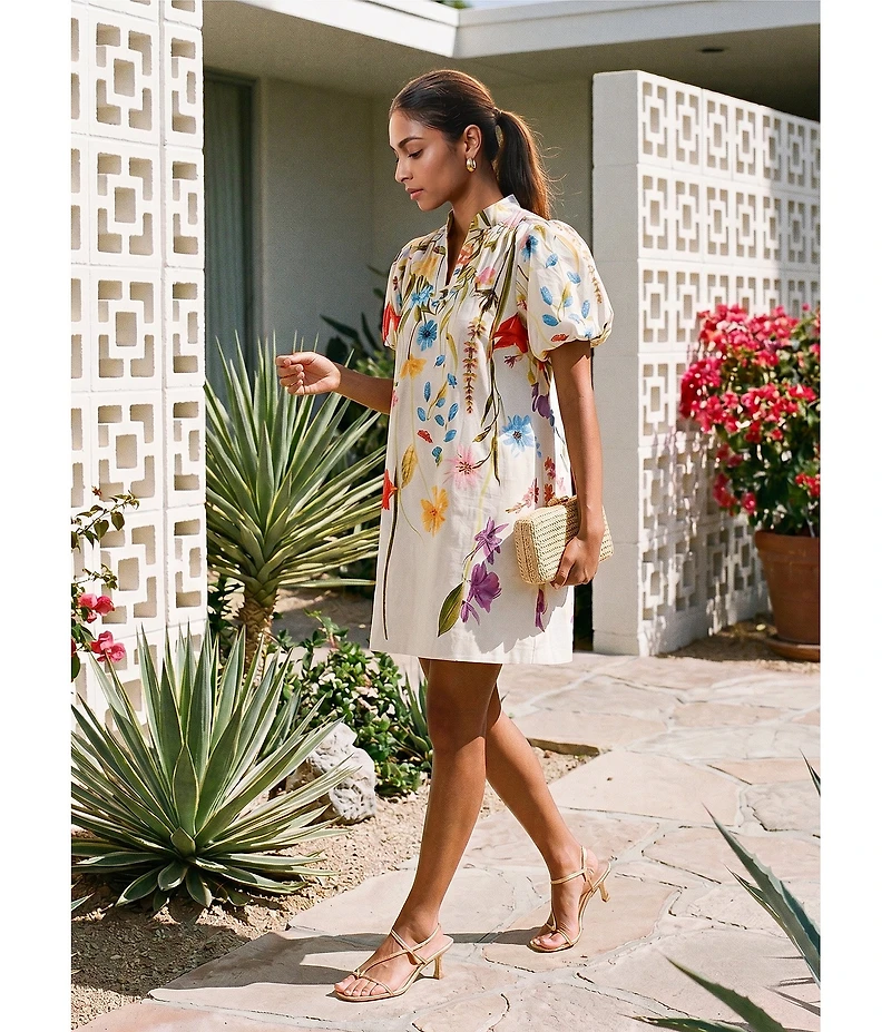 Mestiza New York Elliana Floral Garden Print Mandarin Collar Short Puff Sleeve Mini Dress