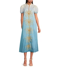 Mestiza New York Elliana Ombre Mandarin Collar Puff Sleeve Embroidered Button Front Midi Dress