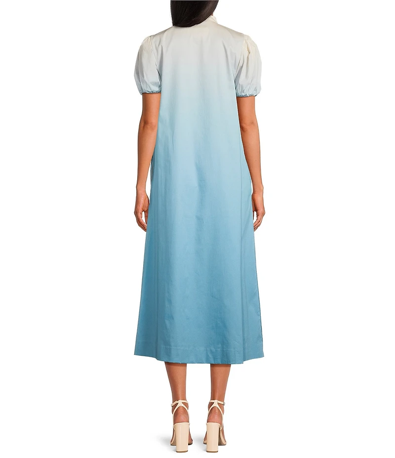 Mestiza New York Elliana Ombre Mandarin Collar Puff Sleeve Embroidered Button Front Midi Dress