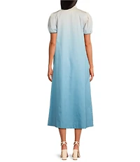 Mestiza New York Elliana Ombre Mandarin Collar Puff Sleeve Embroidered Button Front Midi Dress