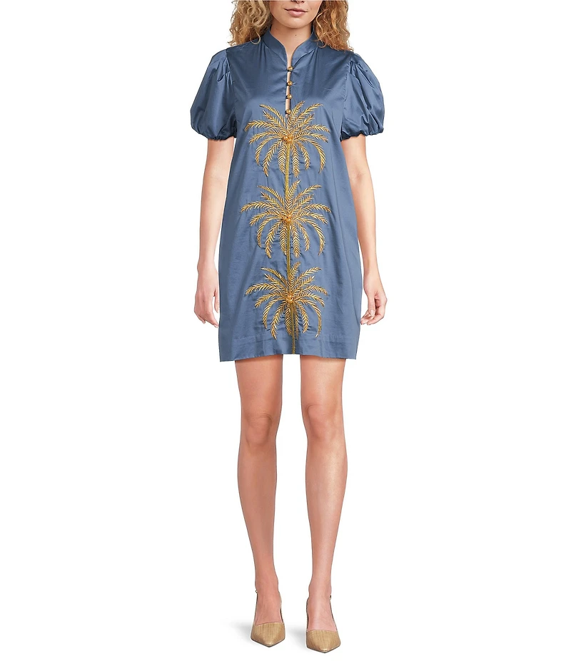 Mestiza New York Elliana Poplin Palm Tree Embroidery Mandarian Collar Short Puff Sleeve Dress