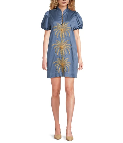 Mestiza New York Elliana Poplin Palm Tree Embroidery Mandarian Collar Short Puff Sleeve Dress