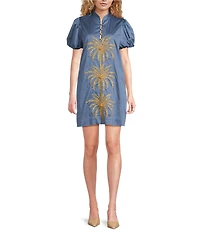 Mestiza New York Elliana Poplin Palm Tree Embroidery Mandarian Collar Short Puff Sleeve Dress