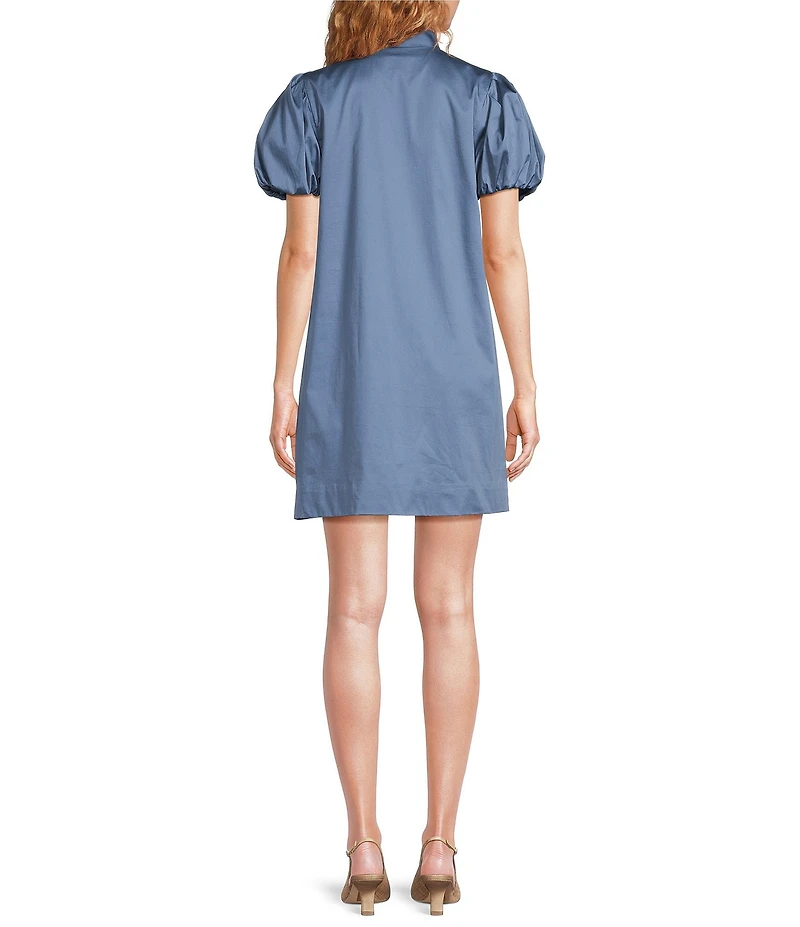 Mestiza New York Elliana Poplin Palm Tree Embroidery Mandarian Collar Short Puff Sleeve Dress