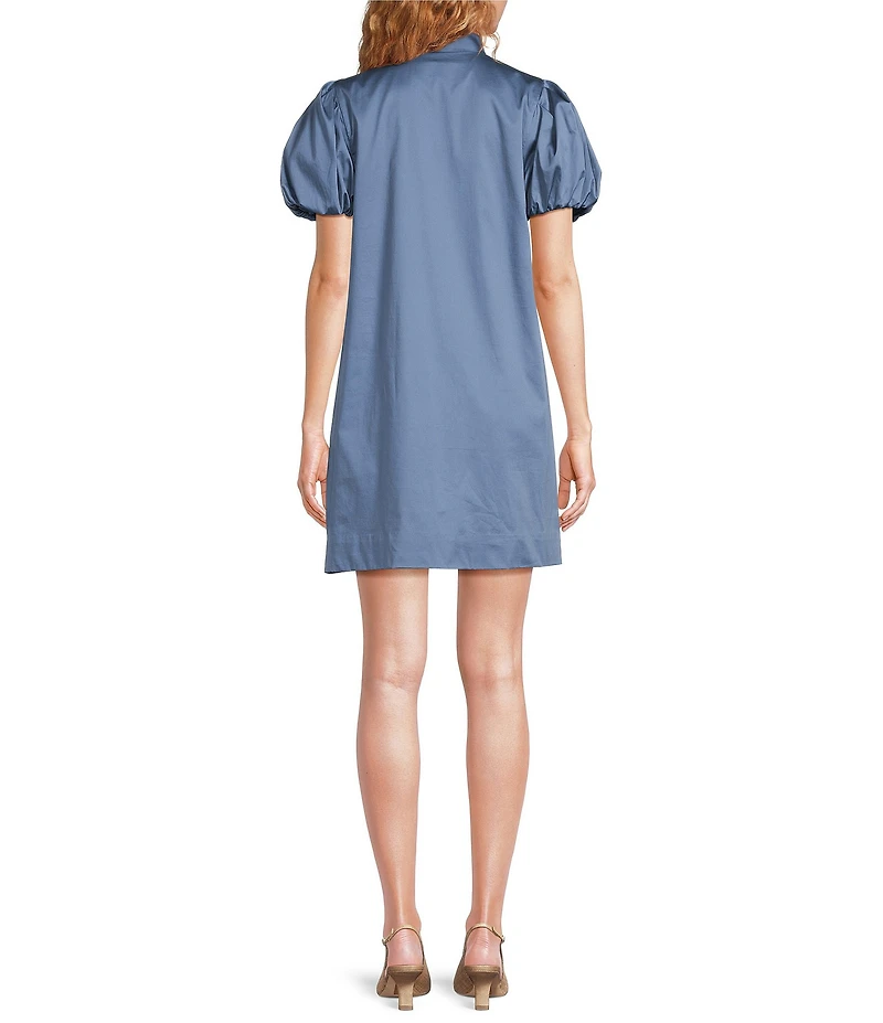 Mestiza New York Elliana Poplin Palm Tree Embroidery Mandarian Collar Short Puff Sleeve Dress