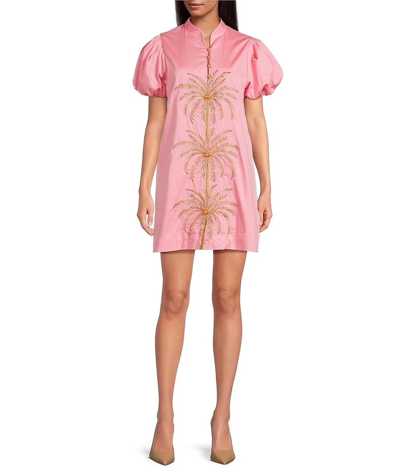 Mestiza New York Elliana Poplin Palm Tree Embroidery Mandarian Collar Short Puff Sleeve Dress