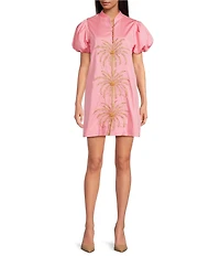 Mestiza New York Elliana Poplin Palm Tree Embroidery Mandarian Collar Short Puff Sleeve Dress
