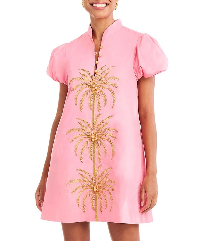 Mestiza New York Elliana Poplin Palm Tree Embroidery Mandarian Collar Short Puff Sleeve Dress
