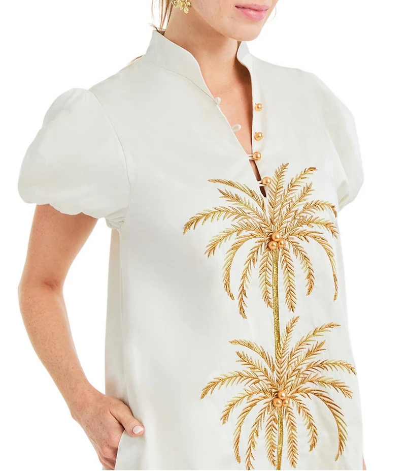 Mestiza New York Elliana Poplin Palm Tree Embroidery Mandarian Collar Short Puff Sleeve Dress