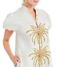 Mestiza New York Elliana Poplin Palm Tree Embroidery Mandarian Collar Short Puff Sleeve Dress