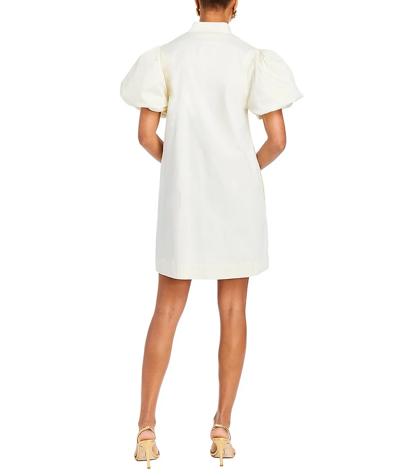Mestiza New York Elliana Poplin Palm Tree Embroidery Mandarian Collar Short Puff Sleeve Dress