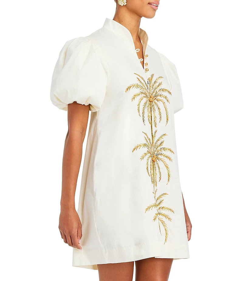 Mestiza New York Elliana Poplin Palm Tree Embroidery Mandarian Collar Short Puff Sleeve Dress