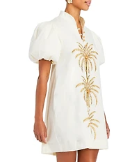 Mestiza New York Elliana Poplin Palm Tree Embroidery Mandarian Collar Short Puff Sleeve Dress