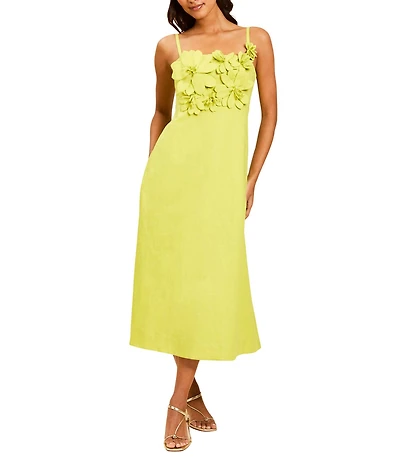 Mestiza New York Esperanza Linen 3D Floral Square Neck Sleeveless Midi Dress