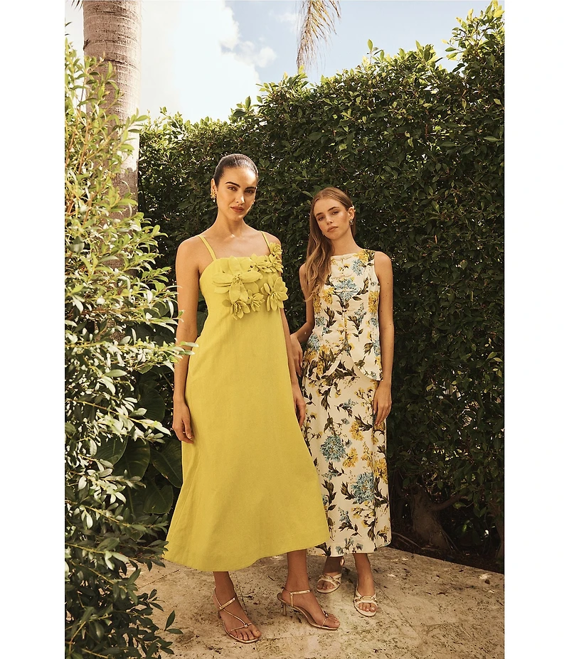 Mestiza New York Esperanza Linen 3D Floral Square Neck Sleeveless Midi Dress