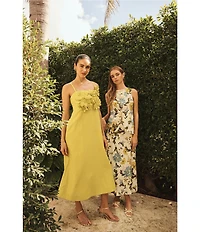 Mestiza New York Esperanza Linen 3D Floral Square Neck Sleeveless Midi Dress