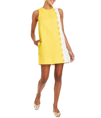 Mestiza New York Etta Floral Swirl Tonal Jacquard Color Block Side Scallop Button Trim Mini Shift Dress