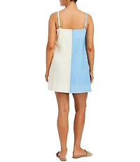 Mestiza New York Etta Strappy Linen Blend Square Neck Sleeveless Scalloped Shell Mini Dress
