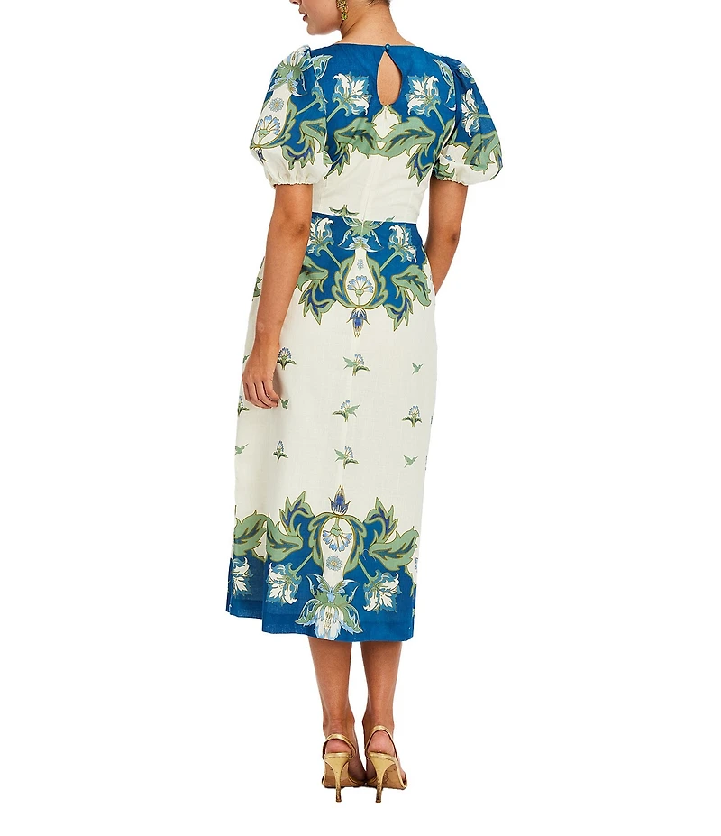 Mestiza New York Faye Floral Print Boat Neck Short Puff Sleeve Midi A-Line Dress