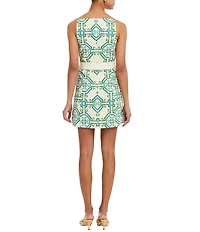 Mestiza New York Havana Printed Poplin High Square Neck Sleeveless Fit-And-Flare Belted Mini Dress