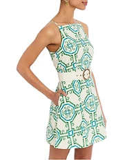 Mestiza New York Havana Printed Poplin High Square Neck Sleeveless Fit-And-Flare Belted Mini Dress