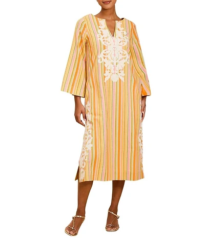 Mestiza New York Ines Embroidered Stripe Round Neck 3/4 Bell Sleeve Midi Caftan Dress