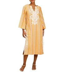 Mestiza New York Ines Embroidered Stripe Round Neck 3/4 Bell Sleeve Midi Caftan Dress