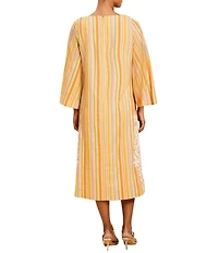 Mestiza New York Ines Embroidered Stripe Round Neck 3/4 Bell Sleeve Midi Caftan Dress