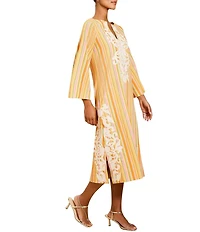 Mestiza New York Ines Embroidered Stripe Round Neck 3/4 Bell Sleeve Midi Caftan Dress