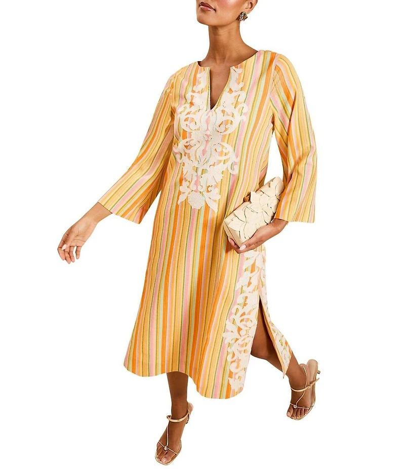 Mestiza New York Ines Embroidered Stripe Round Neck 3/4 Bell Sleeve Midi Caftan Dress