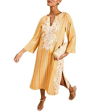 Mestiza New York Ines Embroidered Stripe Round Neck 3/4 Bell Sleeve Midi Caftan Dress