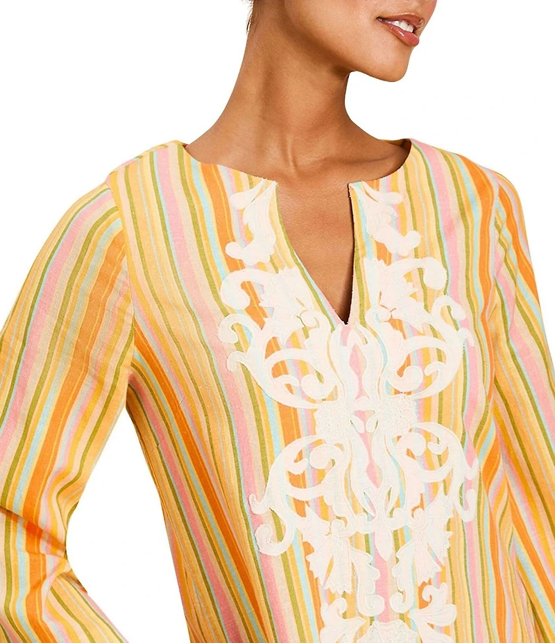 Mestiza New York Ines Embroidered Stripe Round Neck 3/4 Bell Sleeve Midi Caftan Dress
