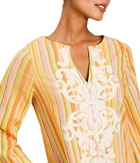 Mestiza New York Ines Embroidered Stripe Round Neck 3/4 Bell Sleeve Midi Caftan Dress