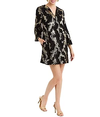 Mestiza New York Ines Metallic Jacquard V-Neck Long Bell Sleeve Mini Caftan Dress