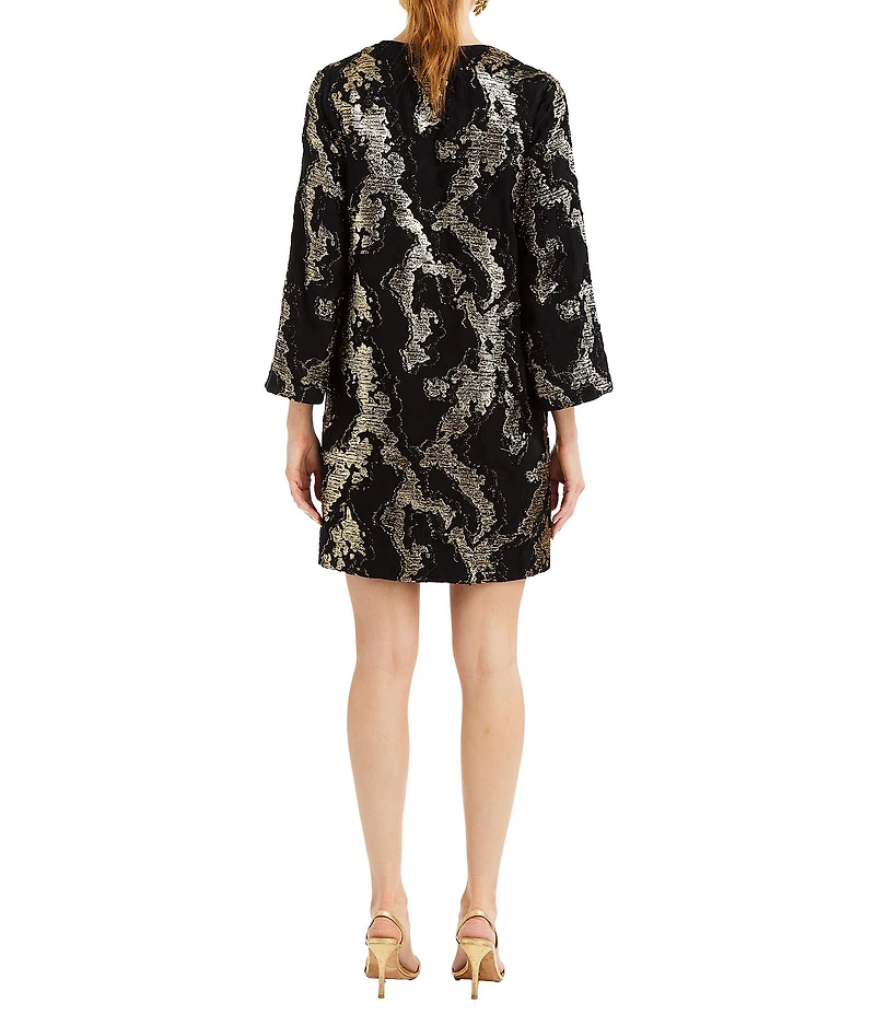 Mestiza New York Ines Metallic Jacquard V-Neck Long Bell Sleeve Mini Caftan Dress