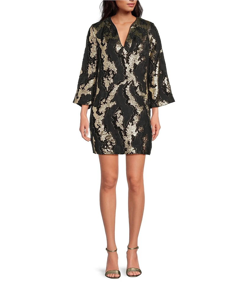 Mestiza New York Ines Metallic Jacquard V-Neck Long Bell Sleeve Mini Caftan Dress