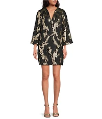 Mestiza New York Ines Metallic Jacquard V-Neck Long Bell Sleeve Mini Caftan Dress