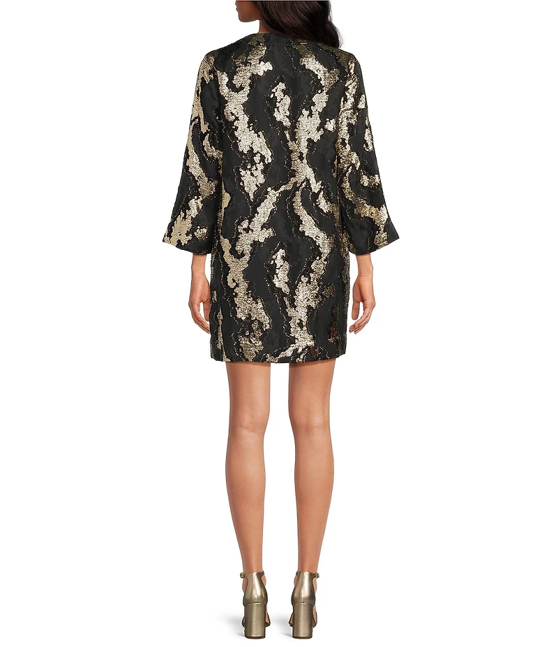 Mestiza New York Ines Metallic Jacquard V-Neck Long Bell Sleeve Mini Caftan Dress