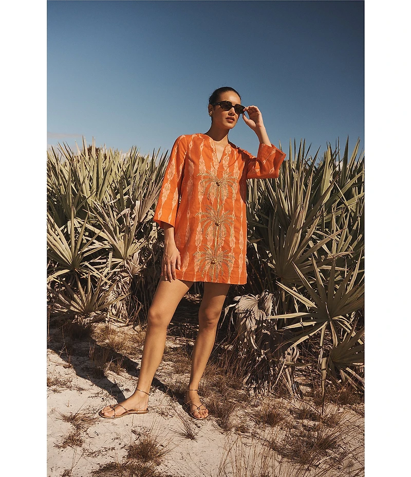 Mestiza New York Ines Notch V-Neck 3/4 Sleeve Caftan Mini Dress