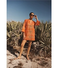Mestiza New York Ines Notch V-Neck 3/4 Sleeve Caftan Mini Dress