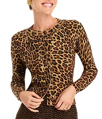 Mestiza New York Isabel Leopard Print Knit Crew Neck Long Sleeve Button Front Cardigan