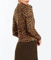 Mestiza New York Isabel Leopard Print Knit Crew Neck Long Sleeve Button Front Cardigan