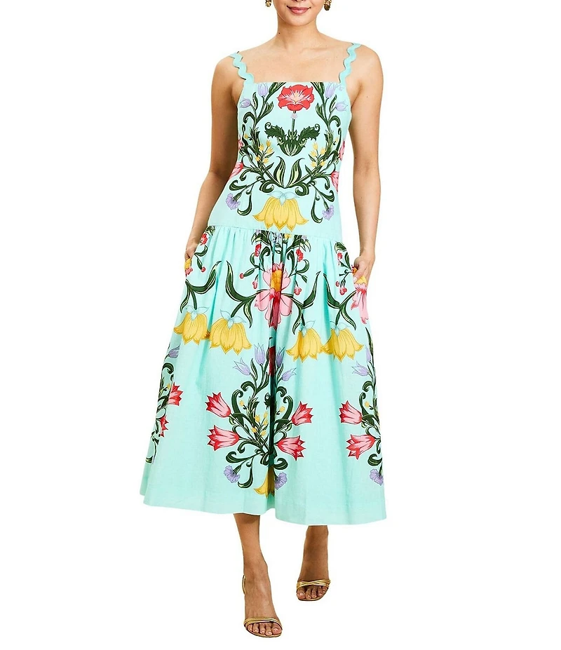 Mestiza New York Kinsley Linen-Blend Floral Square Neck Sleeveless Drop-Waist Midi Dress