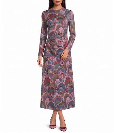 Mestiza New York Knit Jersey Swirling Multicolored Crew Neck Long Sleeve Side Ruched Midi Dress