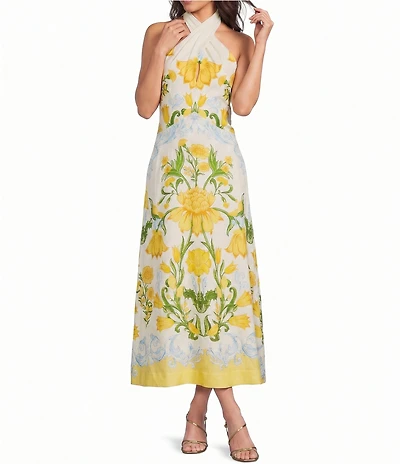 Mestiza New York Linen-Blend Lemon Verbena Halter Sleeveless A-Line Midi Dress